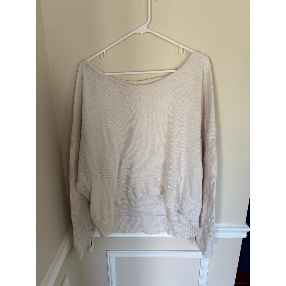 OFFLINE by Aerie Wow! Waffle Knit Pullover Beige Long-Sleeve Lounge Casual- Sz L - Picture 2 of 11